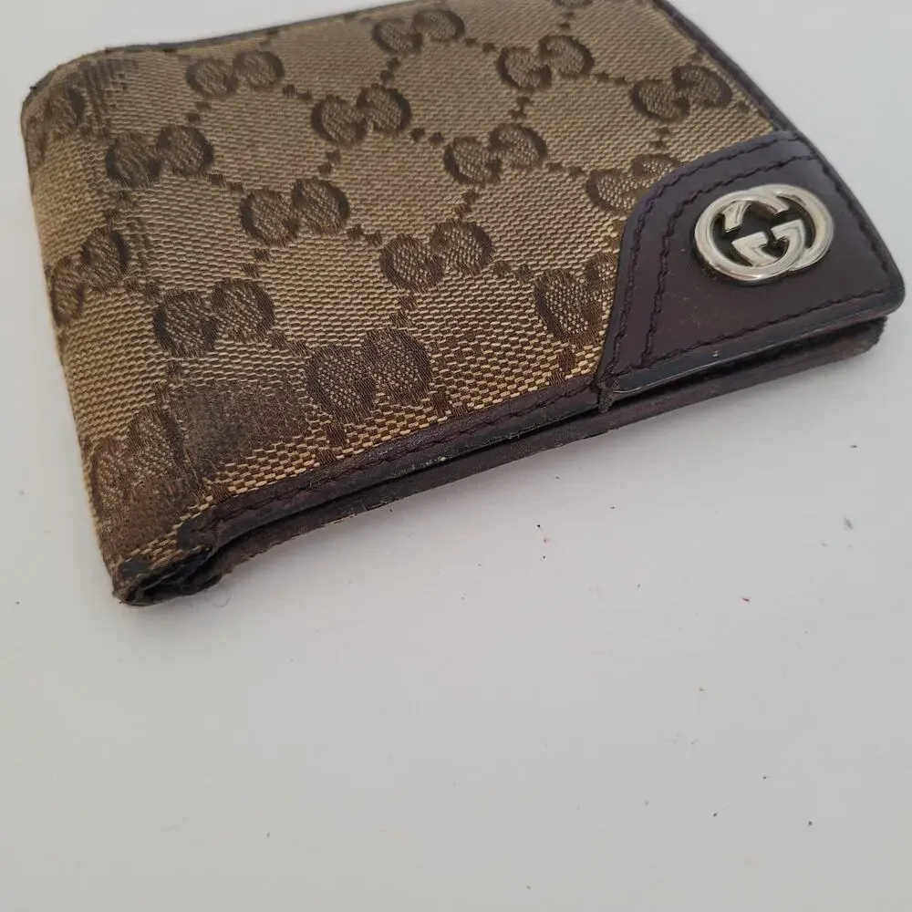 GUCCI GG Interlocking Men's Canvas Leather Card Bill Wallet Bifold Brown Designe